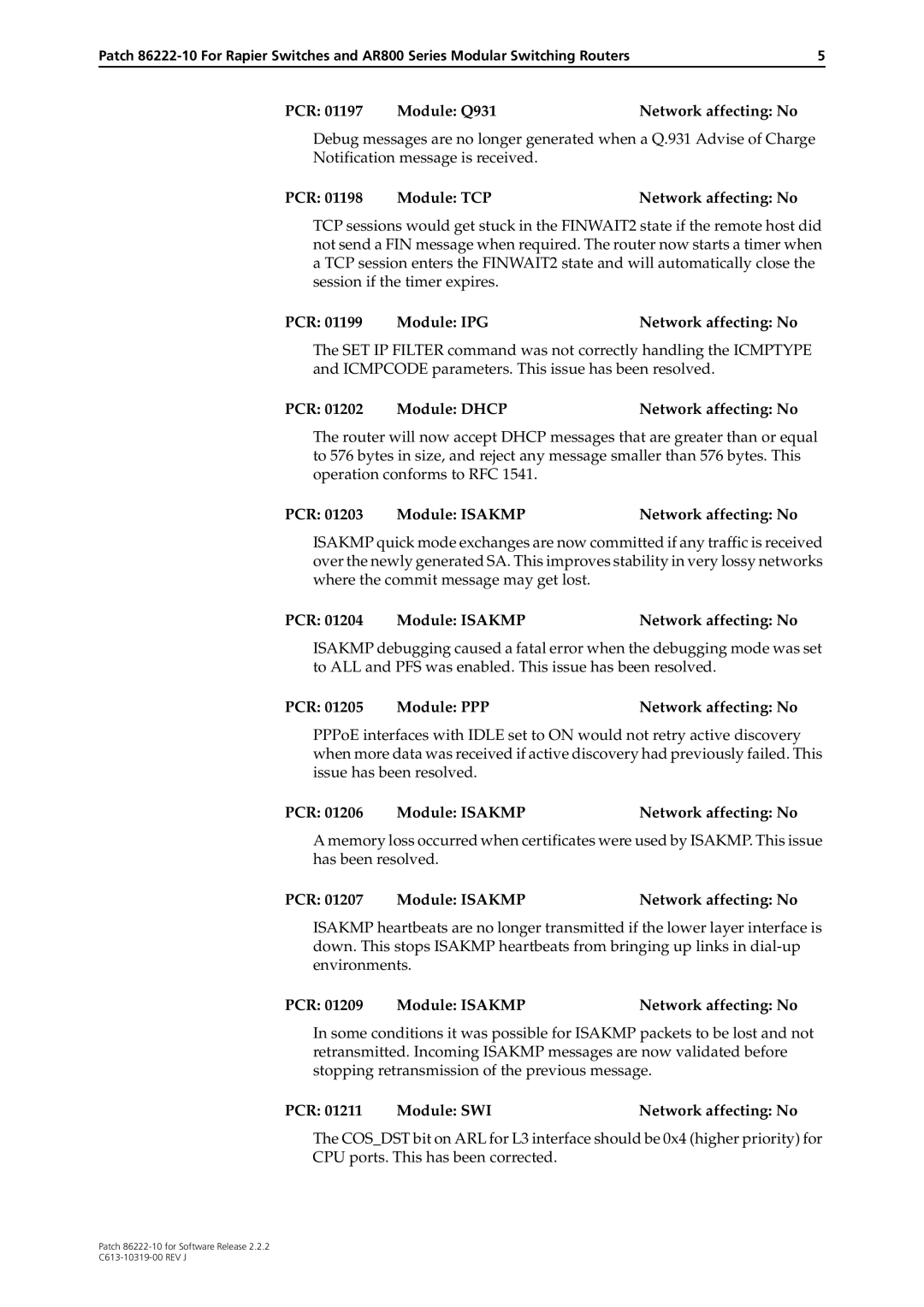 Allied Telesis 86222-10 manual PCR 01199 Module IPGNetwork affecting No, PCR 01202 Module DHCPNetwork affecting No 