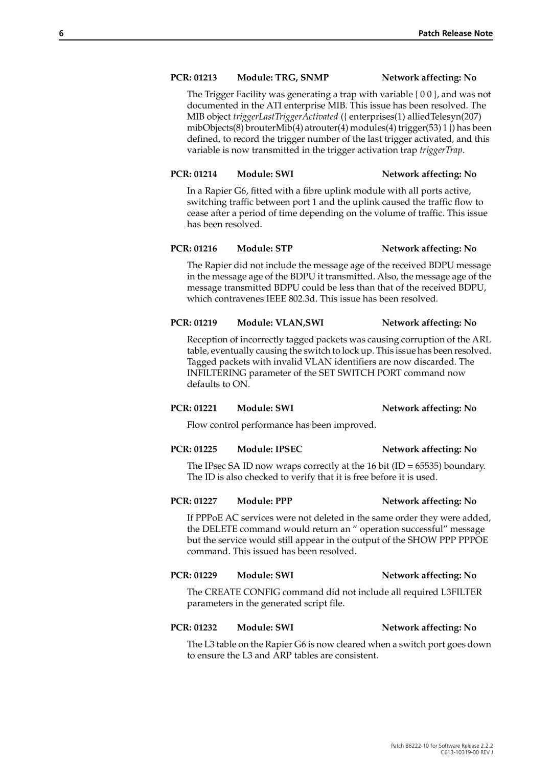 Allied Telesis 86222-10 manual PCR Module TRG, Snmp Network affecting No, PCR Module STP Network affecting No 