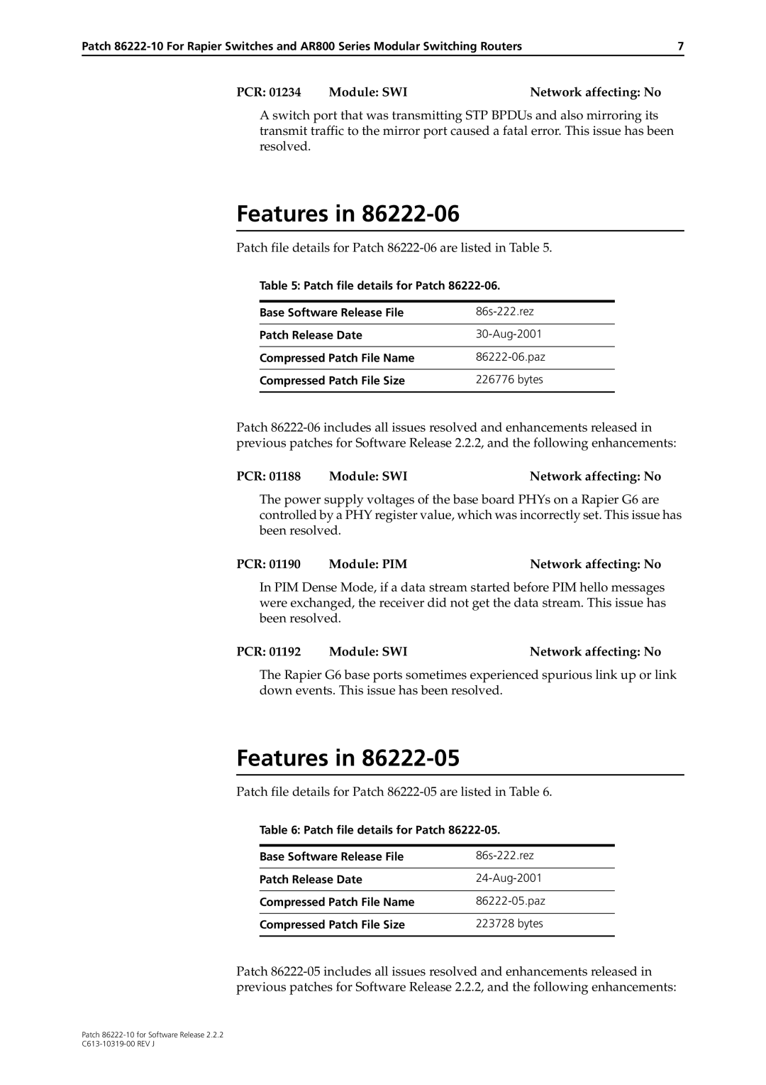 Allied Telesis 86222-10 manual Patch file details for Patch 86222-06 are listed in Table 