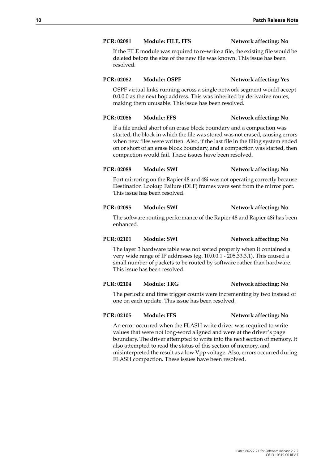 Allied Telesis 86222-21 manual PCR Module FILE, FFS Network affecting No, PCR Module Ospf Network affecting Yes 