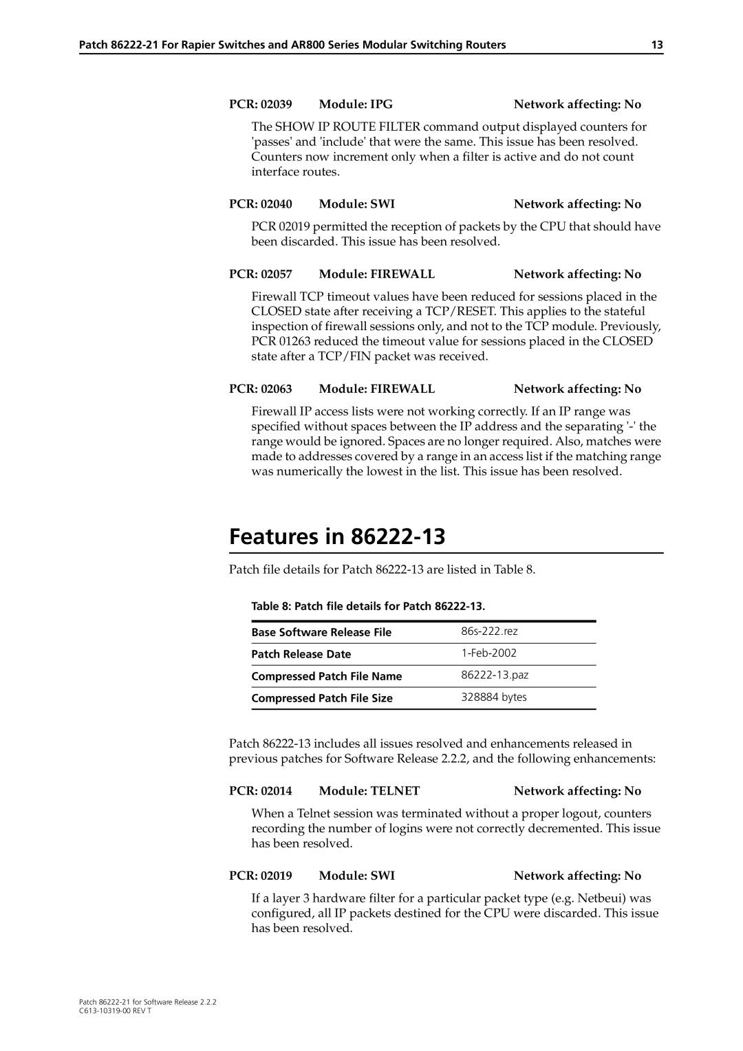 Allied Telesis 86222-21 Patch file details for Patch 86222-13 are listed in Table, PCR Module Telnet Network affecting No 