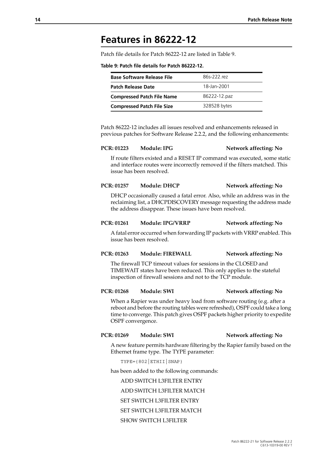 Allied Telesis 86222-21 manual Patch file details for Patch 86222-12 are listed in Table 