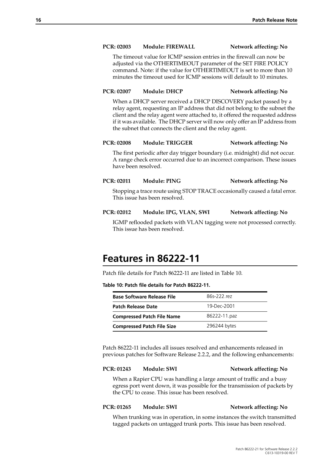 Allied Telesis 86222-21 manual PCR 02007 Module Dhcp Network affecting No, PCR Module Trigger Network affecting No 