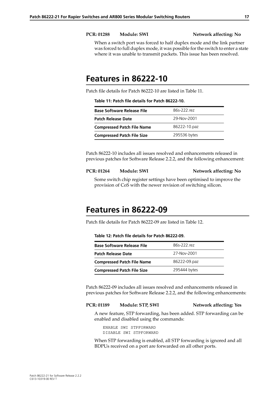 Allied Telesis 86222-21 manual Patch file details for Patch 86222-10 are listed in Table 