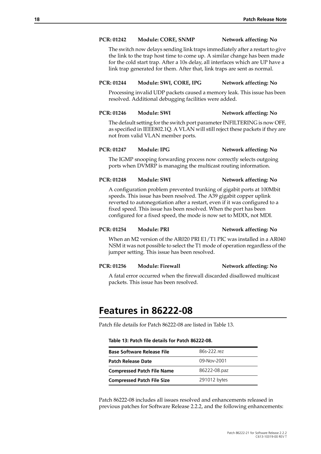 Allied Telesis 86222-21 manual PCR Module SWI, CORE, IPG Network affecting No, PCR Module PRI Network affecting No 