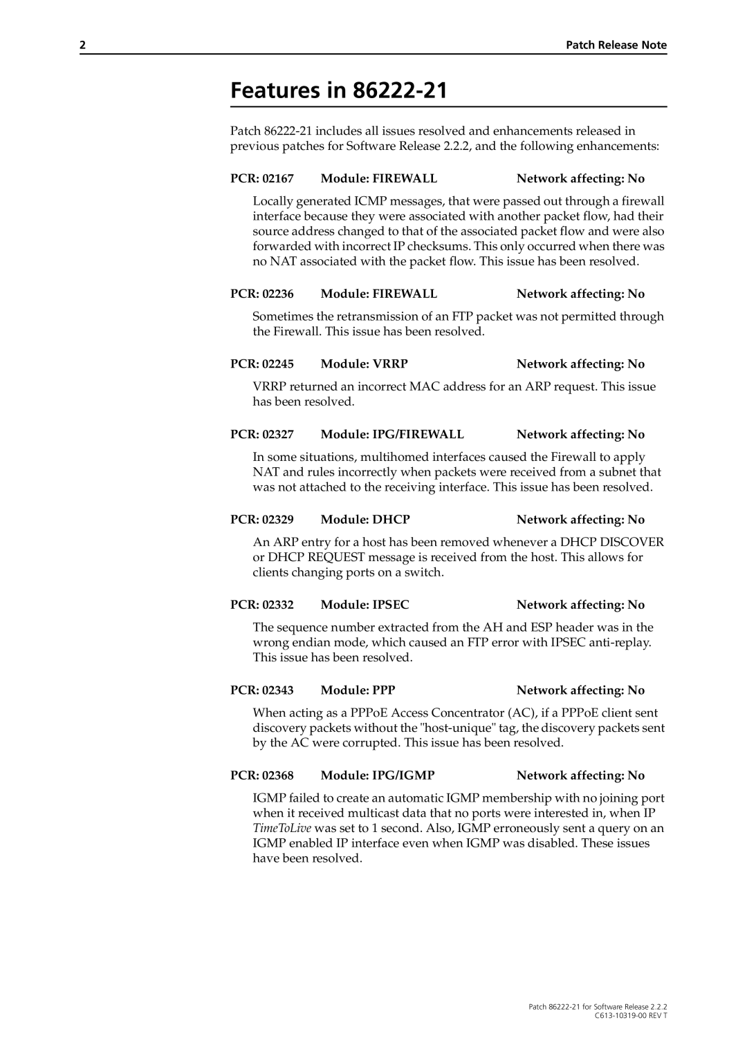 Allied Telesis 86222-21 manual PCR Module Firewall Network affecting No, PCR Module Vrrp Network affecting No 