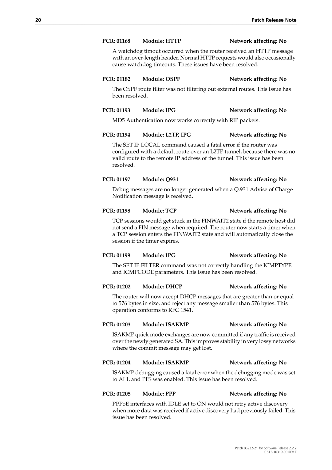 Allied Telesis 86222-21 manual PCR Module Http Network affecting No, PCR Module L2TP, IPG Network affecting No 