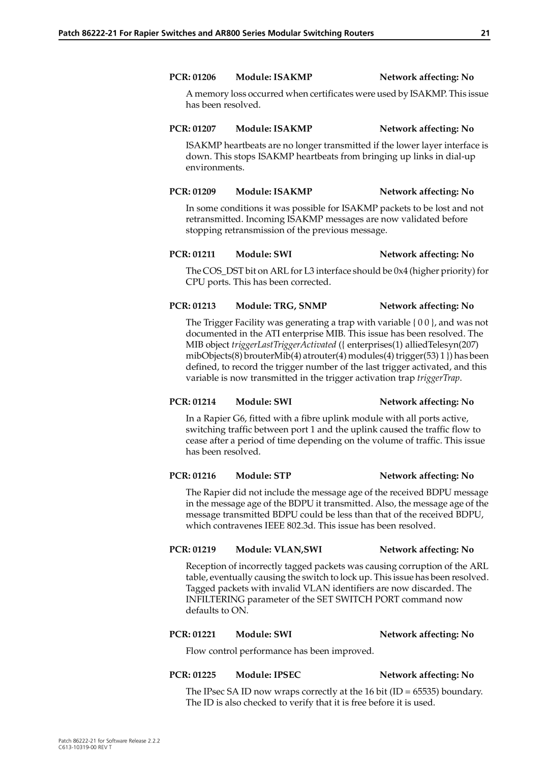 Allied Telesis 86222-21 manual PCR Module TRG, Snmp Network affecting No, PCR Module VLAN,SWI Network affecting No 