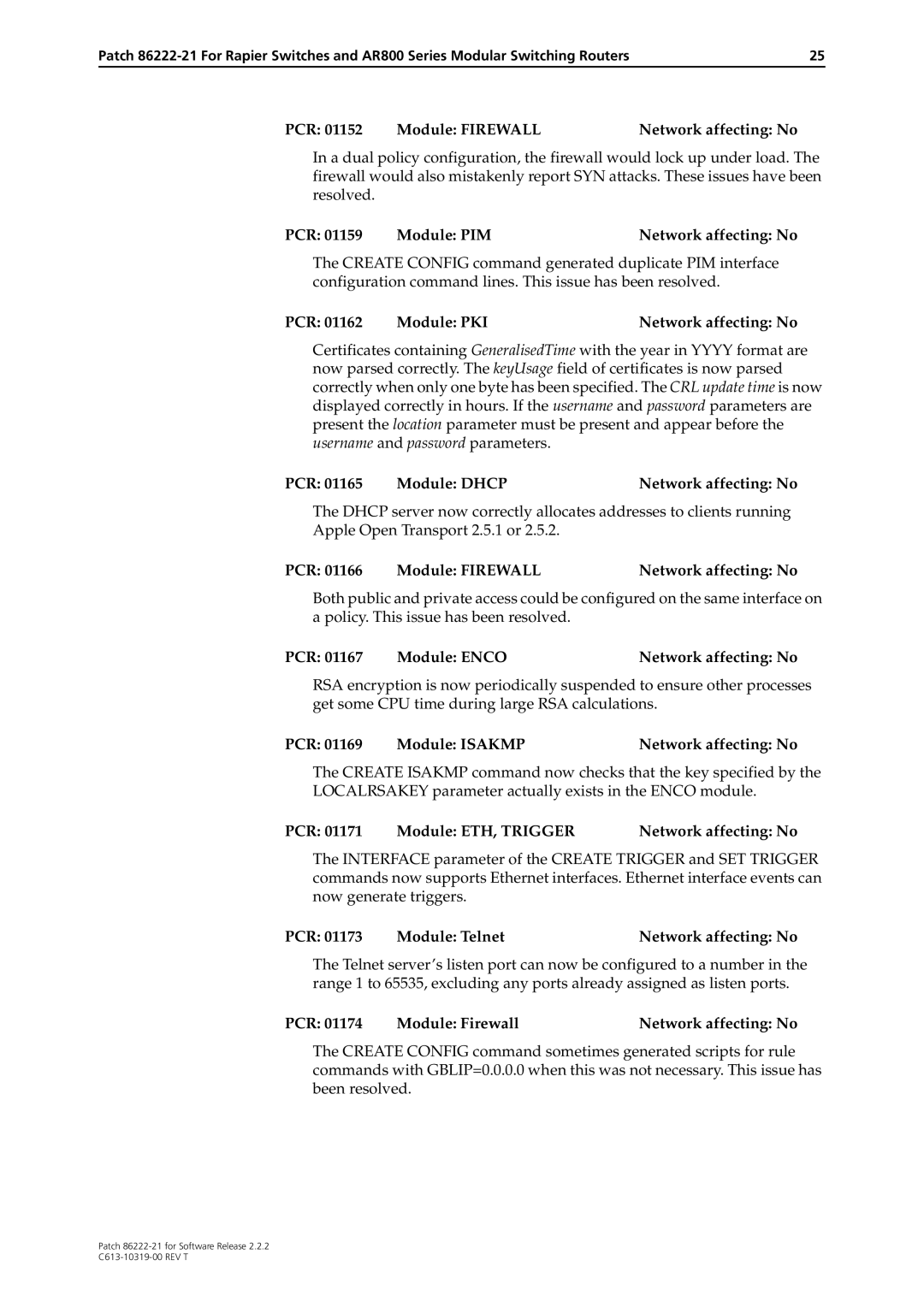 Allied Telesis 86222-21 manual PCR 01165 Module Dhcp Network affecting No, PCR 01167 Module Enco Network affecting No 