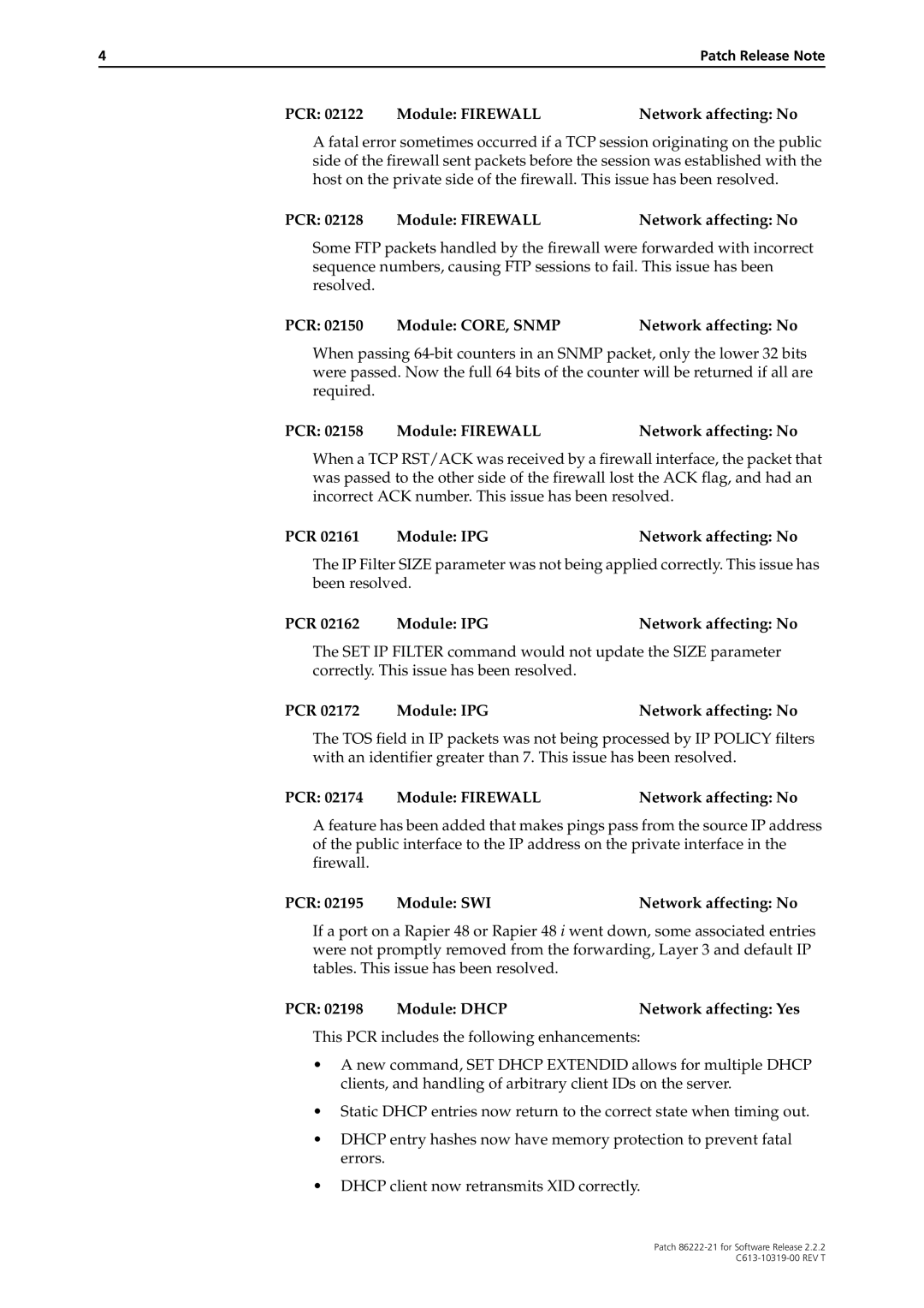 Allied Telesis 86222-21 manual PCR Module CORE, Snmp Network affecting No, PCR 02198 Module Dhcp Network affecting Yes 