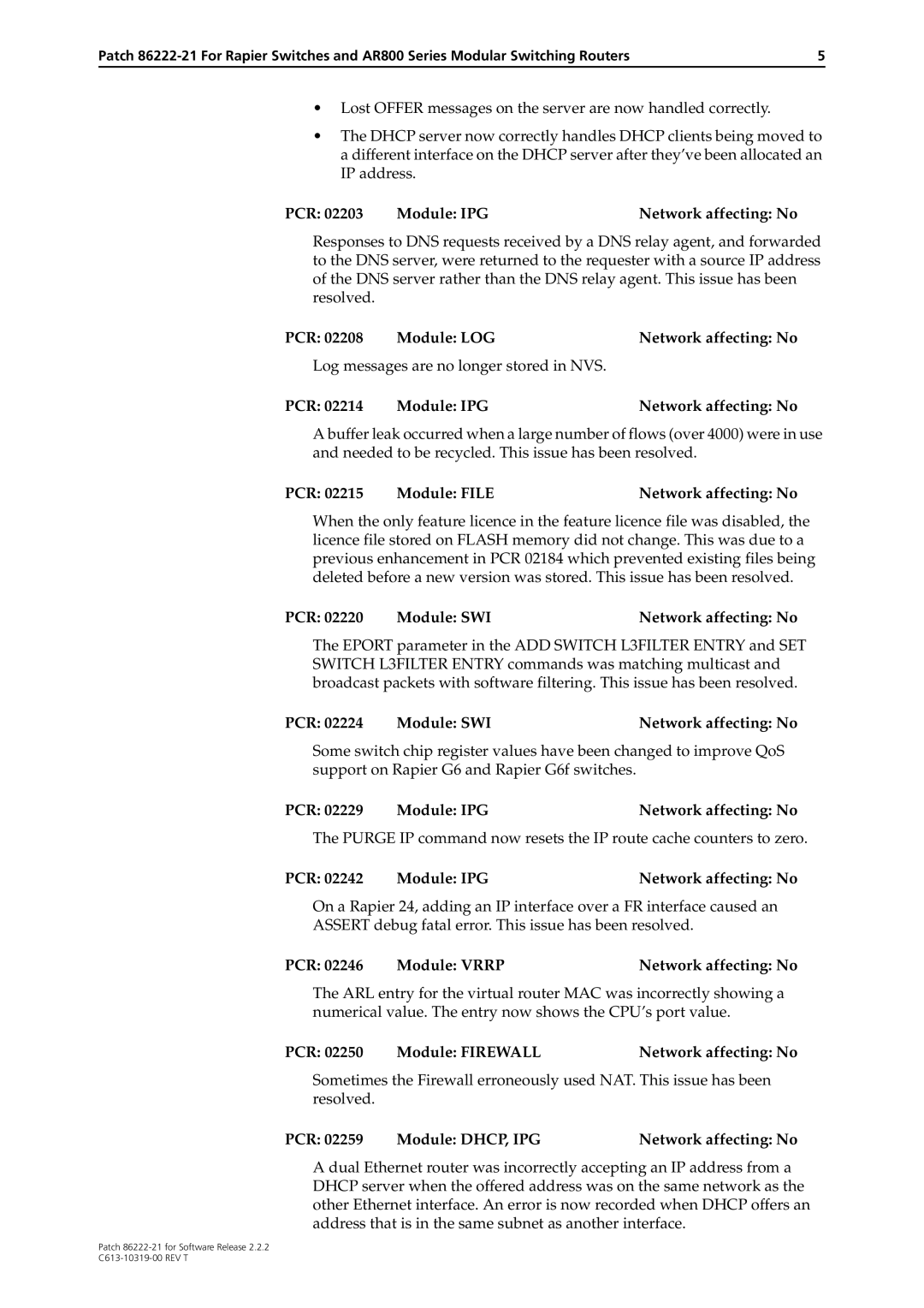 Allied Telesis 86222-21 manual PCR Module LOG Network affecting No, Log messages are no longer stored in NVS 