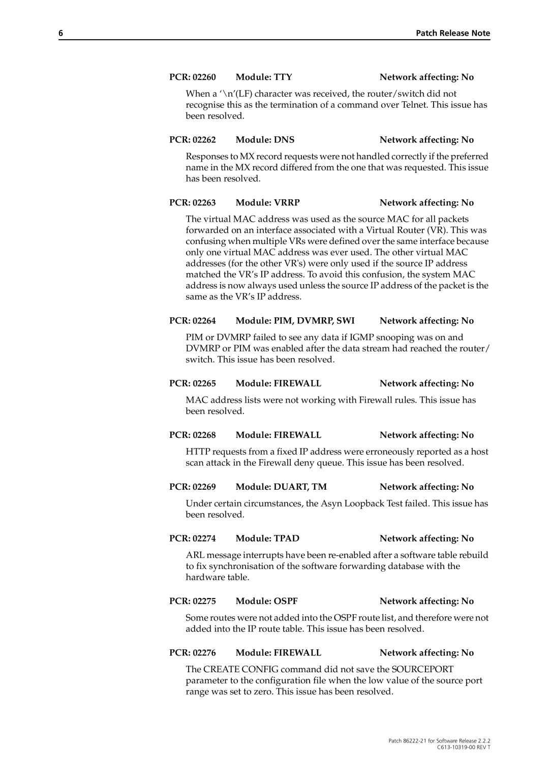 Allied Telesis 86222-21 manual PCR Module TTY Network affecting No, PCR Module DNS Network affecting No 