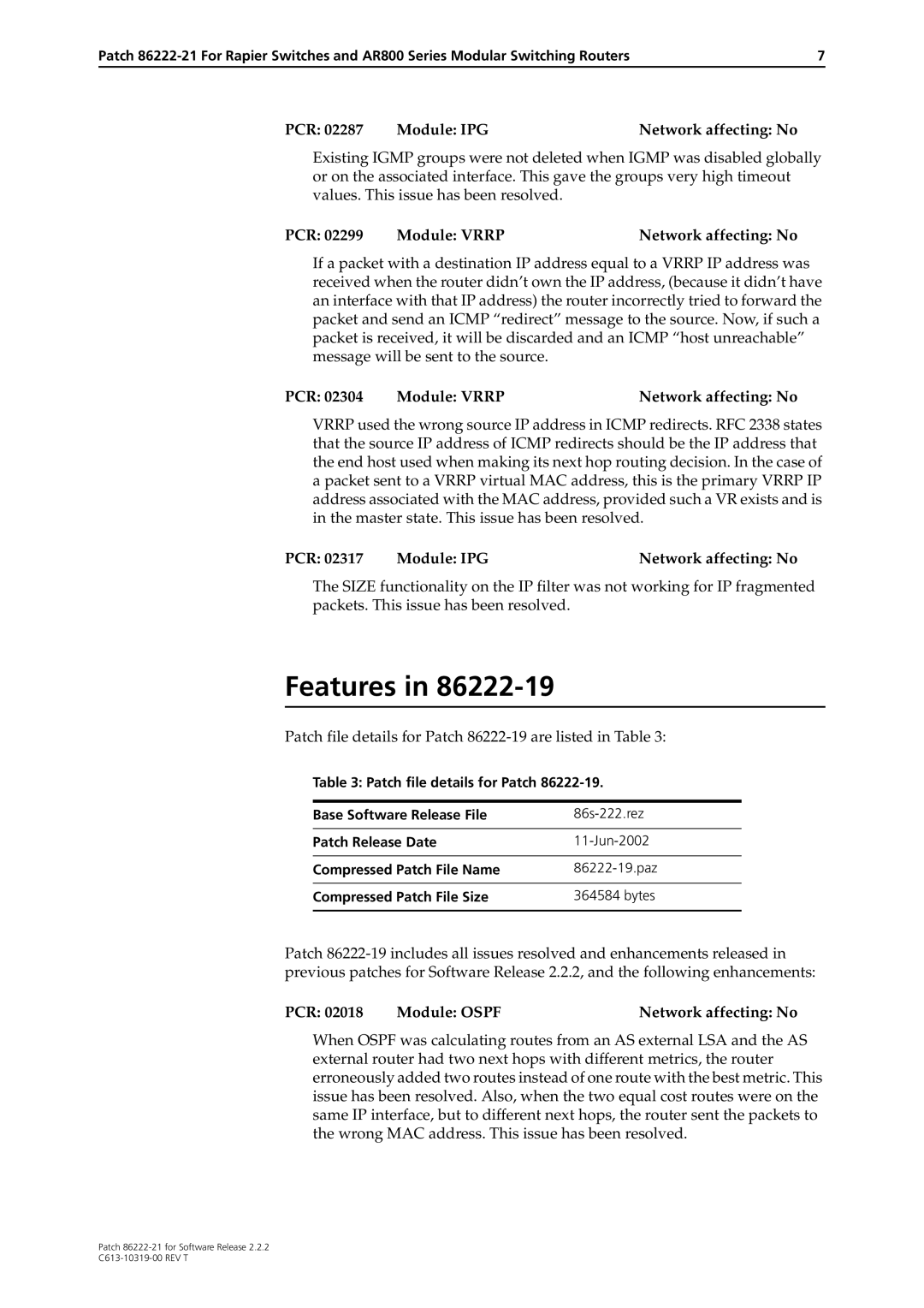 Allied Telesis 86222-21 manual Features 