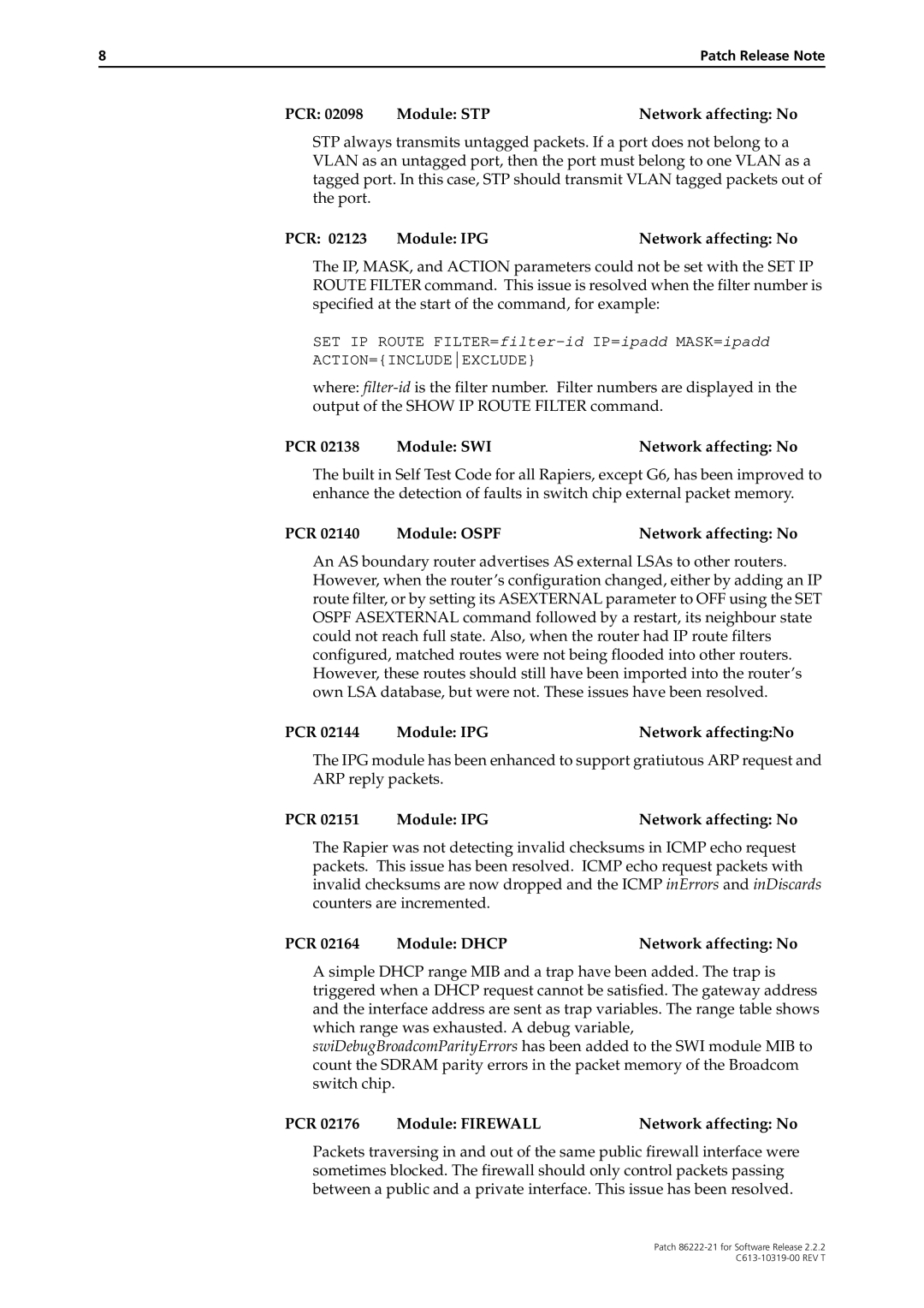 Allied Telesis 86222-21 manual PCR Module STP Network affecting No, PCR Module IPG Network affectingNo 