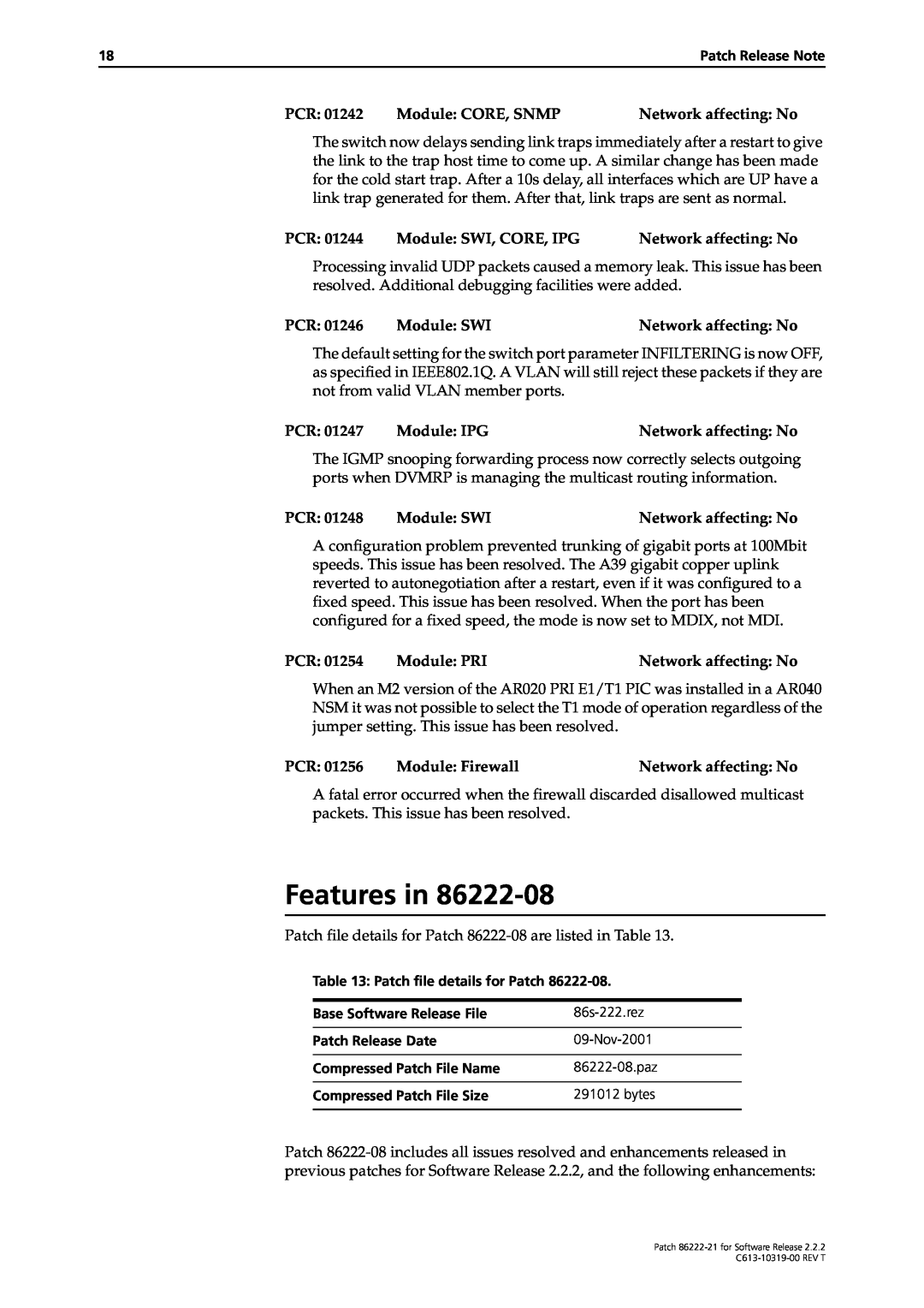 Allied Telesis 86222-21 manual Features in, Patch file details for Patch 86222-08 are listed in Table 