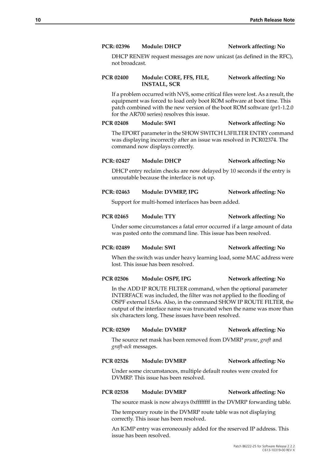 Allied Telesis 86222-25 manual PCR 02396 Module Dhcp Network affecting No, PCR 02427 Module Dhcp Network affecting No 