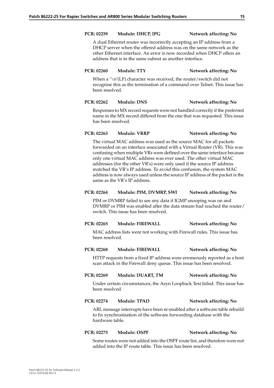 Allied Telesis 86222-25 manual PCR Module DHCP, IPG Network affecting No, PCR Module DNS Network affecting No 