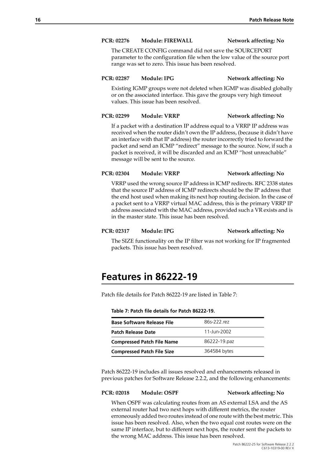 Allied Telesis 86222-25 manual Patch file details for Patch 86222-19 are listed in Table 