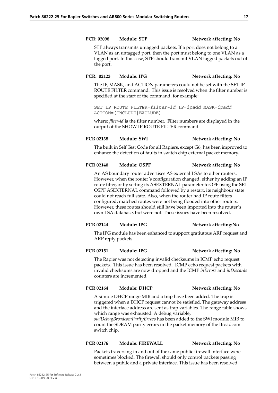 Allied Telesis 86222-25 manual PCR Module STP Network affecting No, PCR Module IPG Network affectingNo 