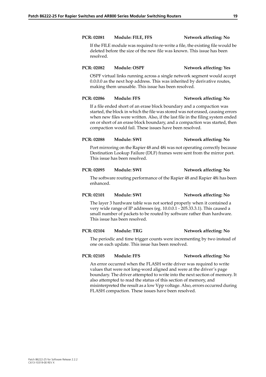 Allied Telesis 86222-25 manual PCR Module FILE, FFS Network affecting No, PCR Module Ospf Network affecting Yes 