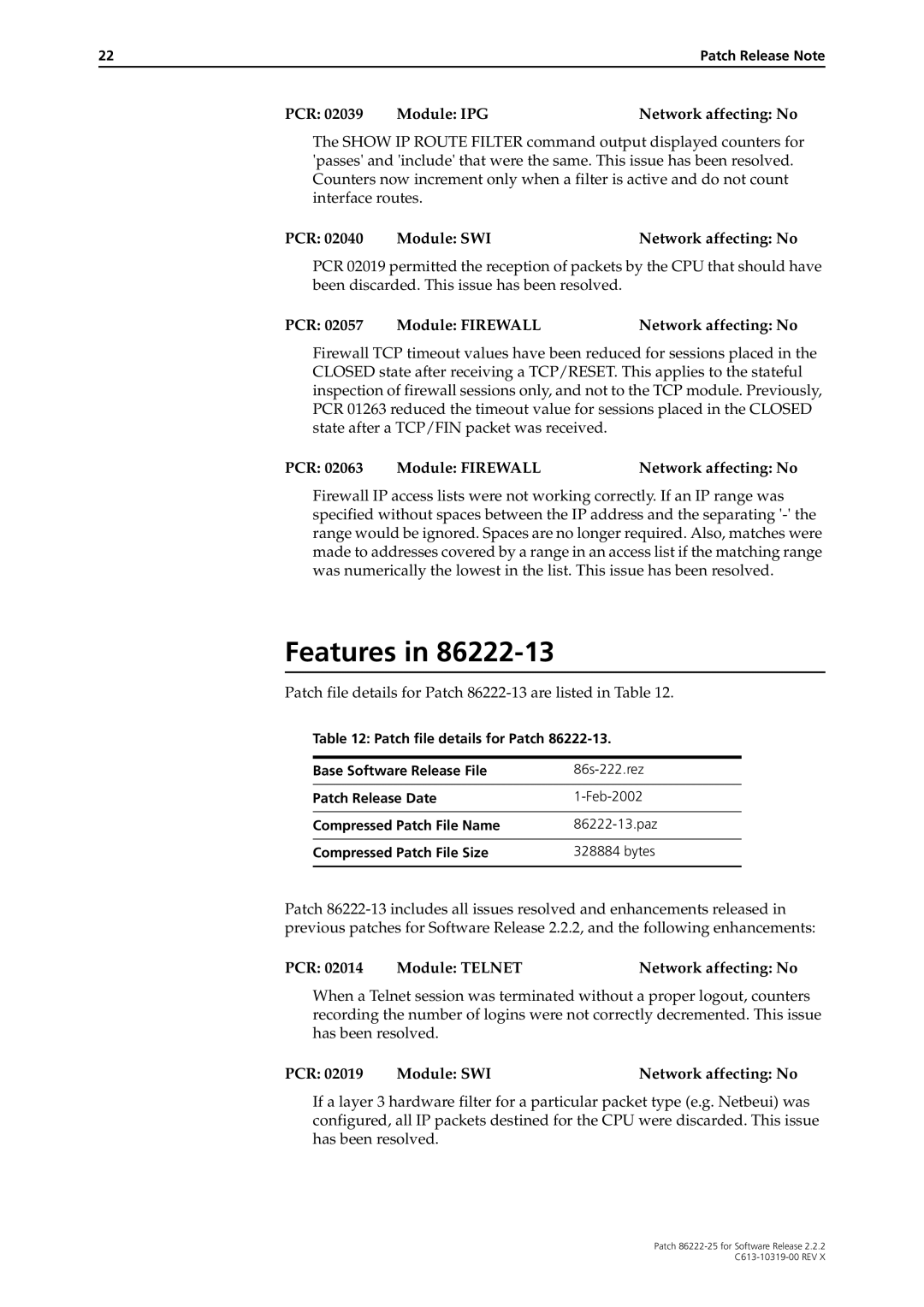 Allied Telesis 86222-25 Patch file details for Patch 86222-13 are listed in Table, PCR Module Telnet Network affecting No 