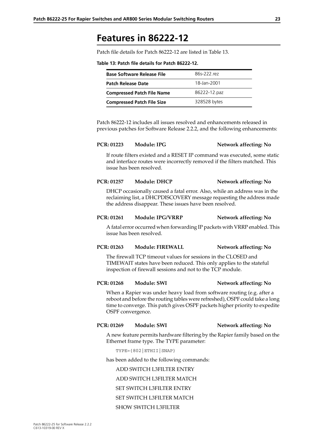 Allied Telesis 86222-25 manual Patch file details for Patch 86222-12 are listed in Table 