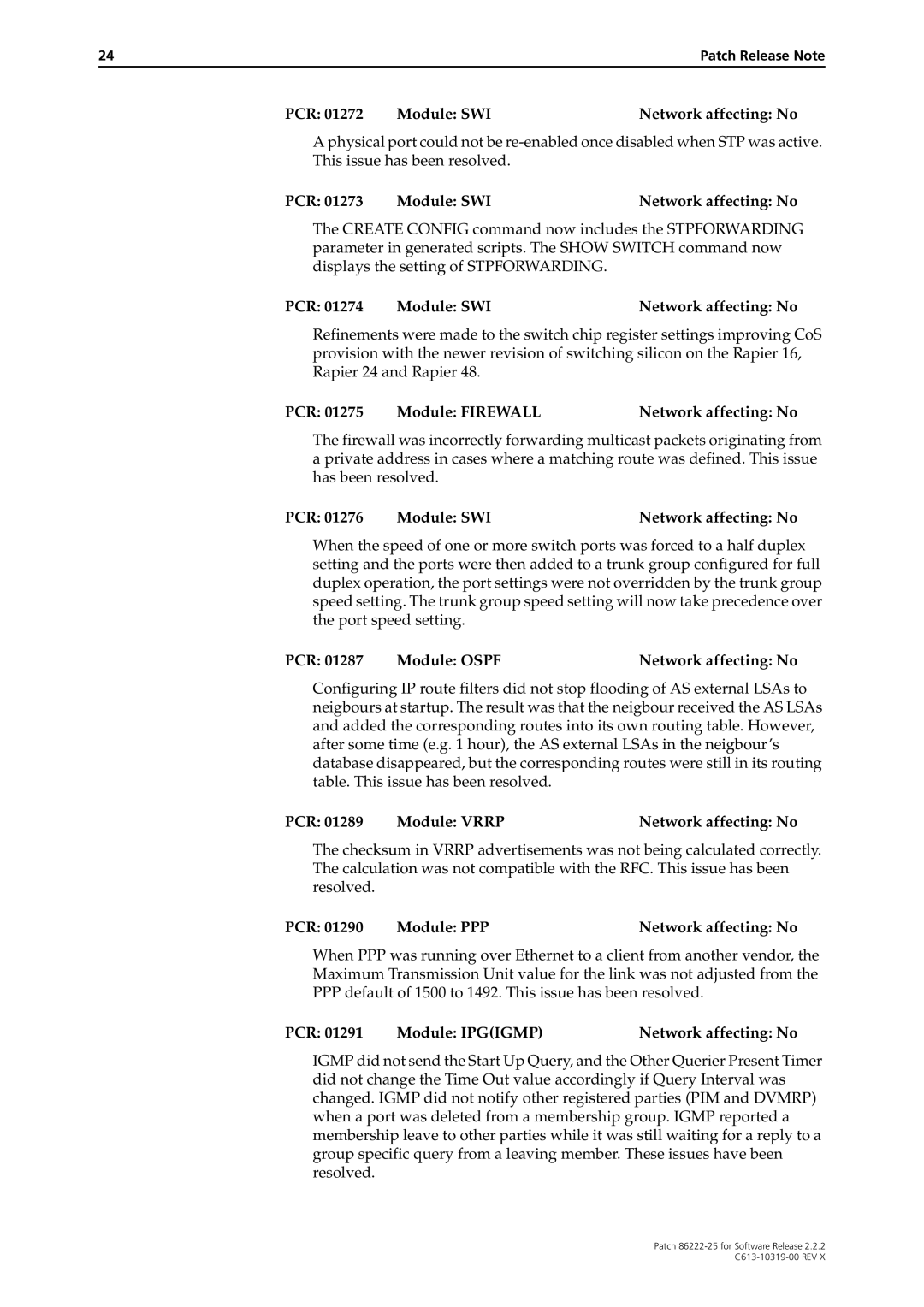 Allied Telesis 86222-25 manual PCR 01274 Module SWINetwork affecting No, PCR 01275 Module FIREWALLNetwork affecting No 