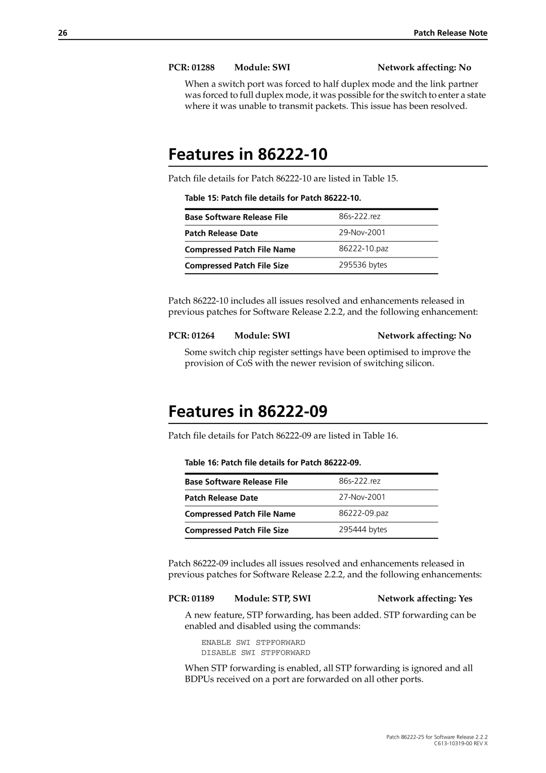 Allied Telesis 86222-25 manual Patch file details for Patch 86222-10 are listed in Table 