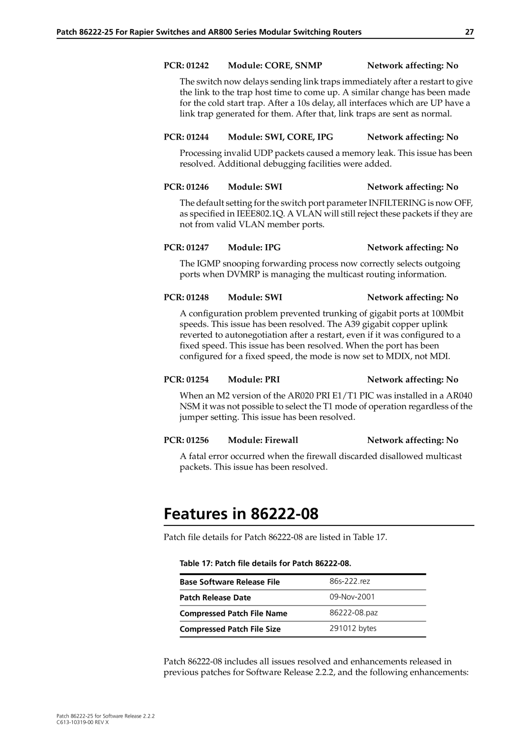 Allied Telesis 86222-25 manual PCR Module SWI, CORE, IPG Network affecting No, PCR Module PRI Network affecting No 