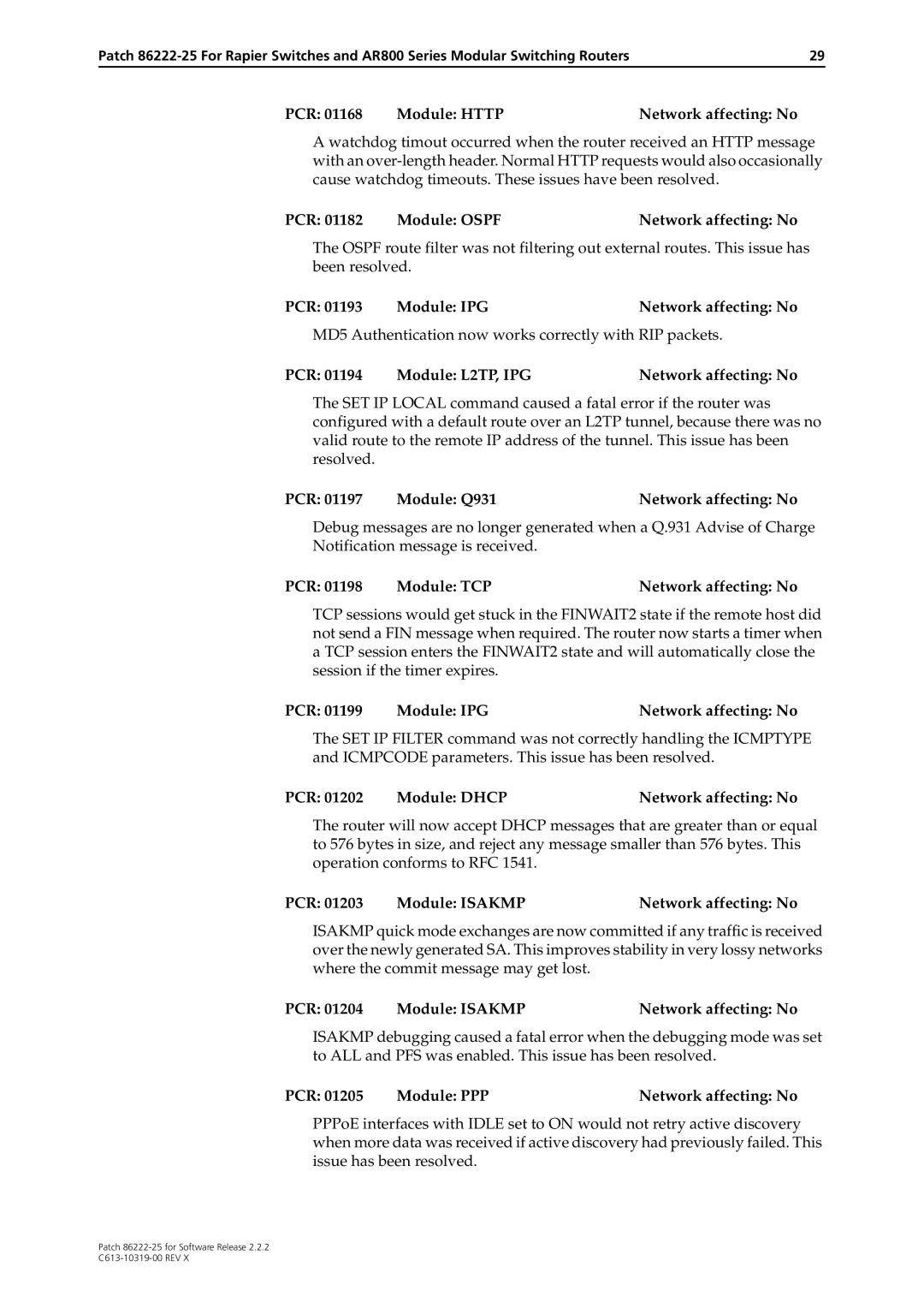 Allied Telesis 86222-25 manual PCR Module Http Network affecting No, PCR Module L2TP, IPG Network affecting No 