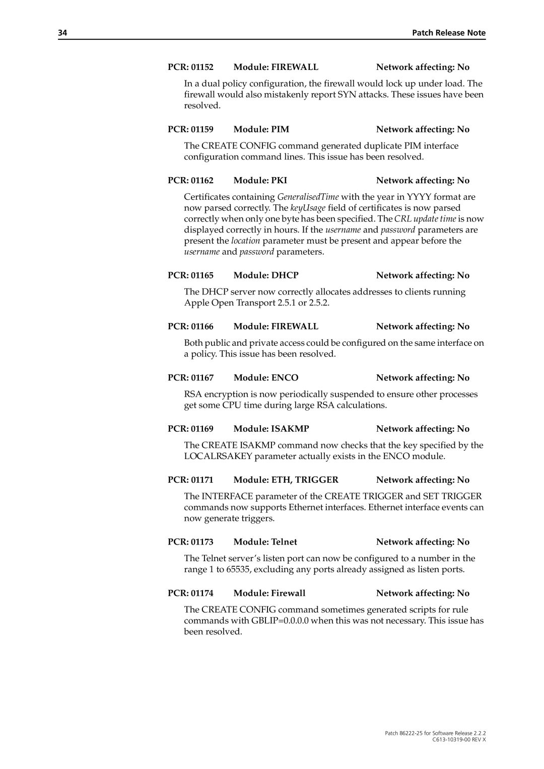 Allied Telesis 86222-25 manual PCR 01165 Module Dhcp Network affecting No, PCR 01167 Module Enco Network affecting No 