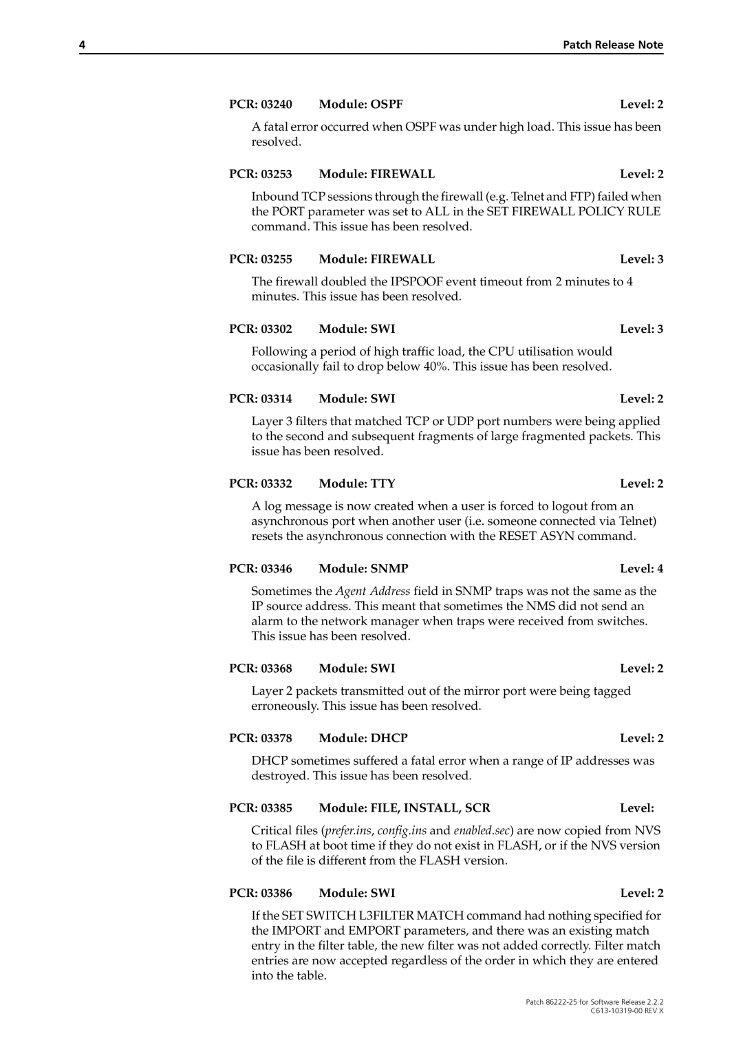 Allied Telesis 86222-25 manual PCR Module Ospf Level, PCR Module TTY Level, PCR 03346 Module Snmp Level 