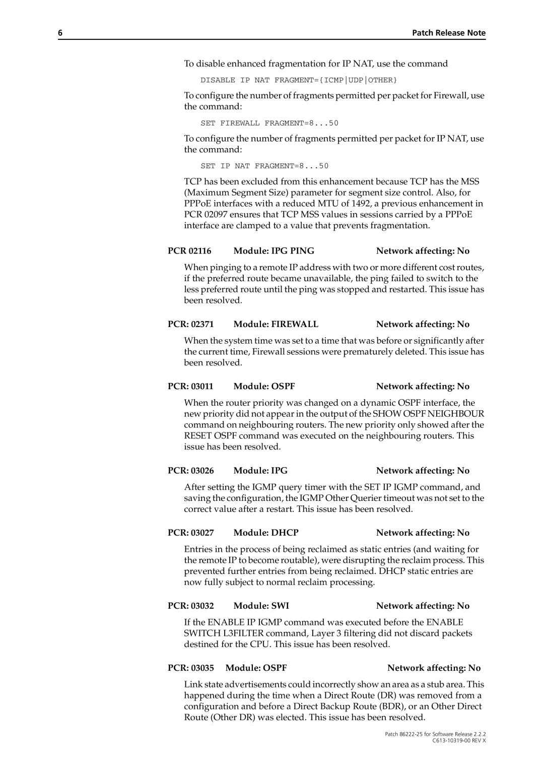 Allied Telesis 86222-25 manual PCR Module IPG Ping Network affecting No, PCR Module Ospf Network affecting No 