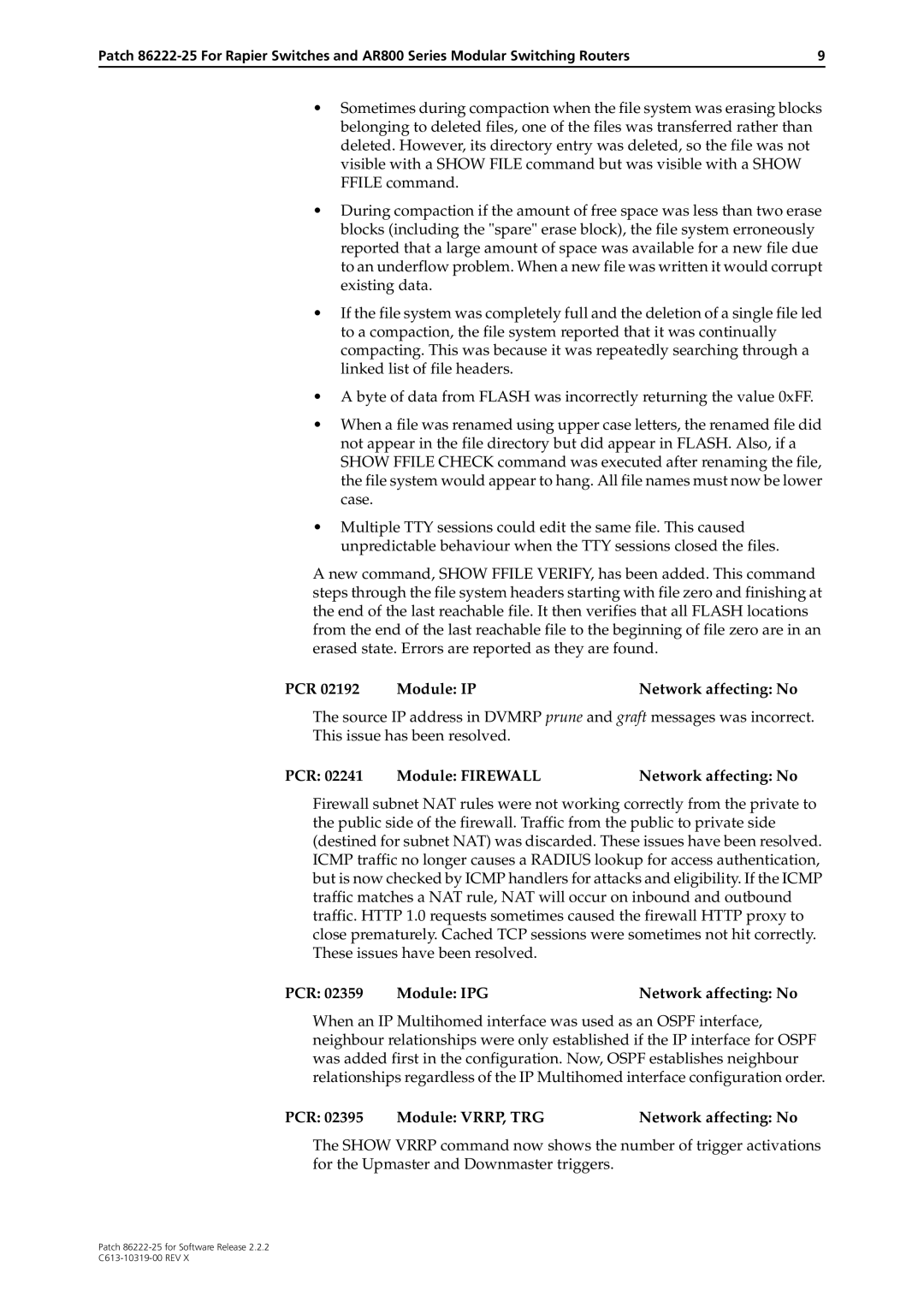 Allied Telesis 86222-25 manual PCR Module IP Network affecting No, PCR Module VRRP, TRG Network affecting No 