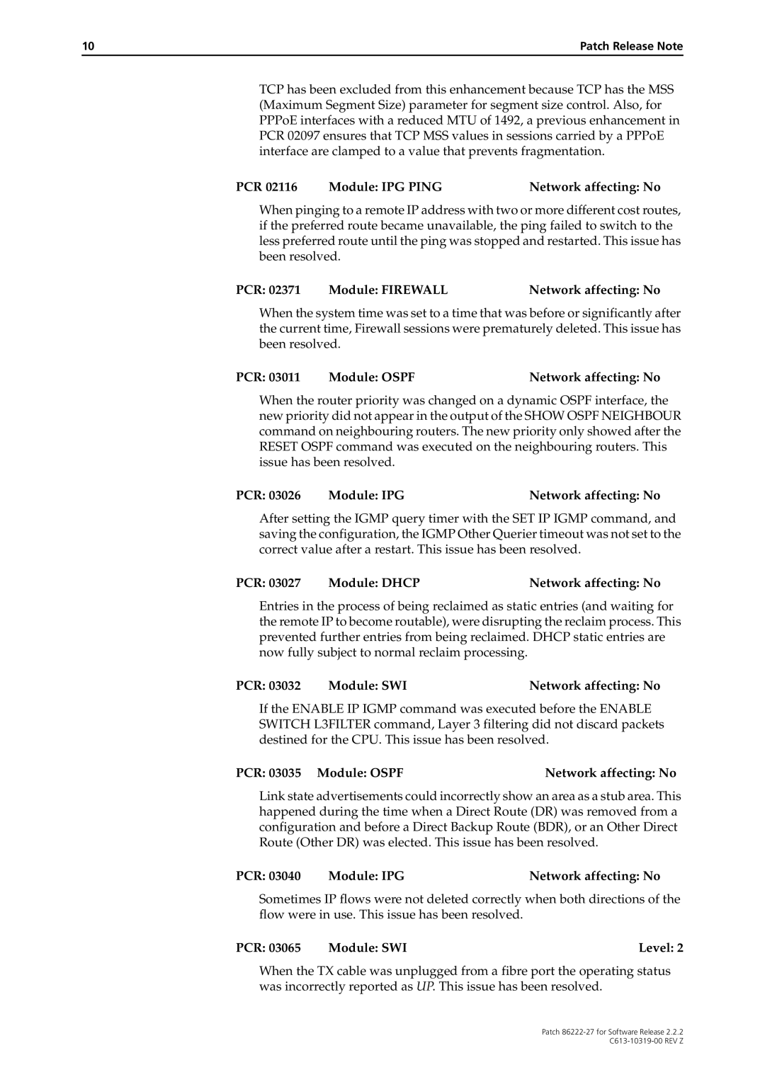 Allied Telesis 86222-27 manual PCR Module IPG Ping Network affecting No, PCR Module Ospf Network affecting No 