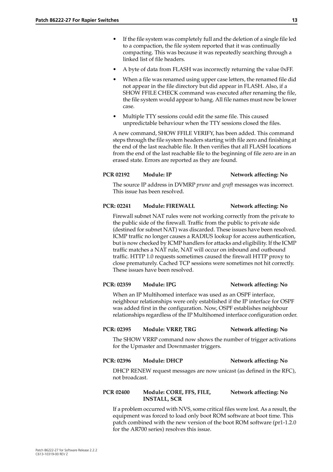 Allied Telesis 86222-27 manual PCR Module IP Network affecting No, PCR Module VRRP, TRG Network affecting No 