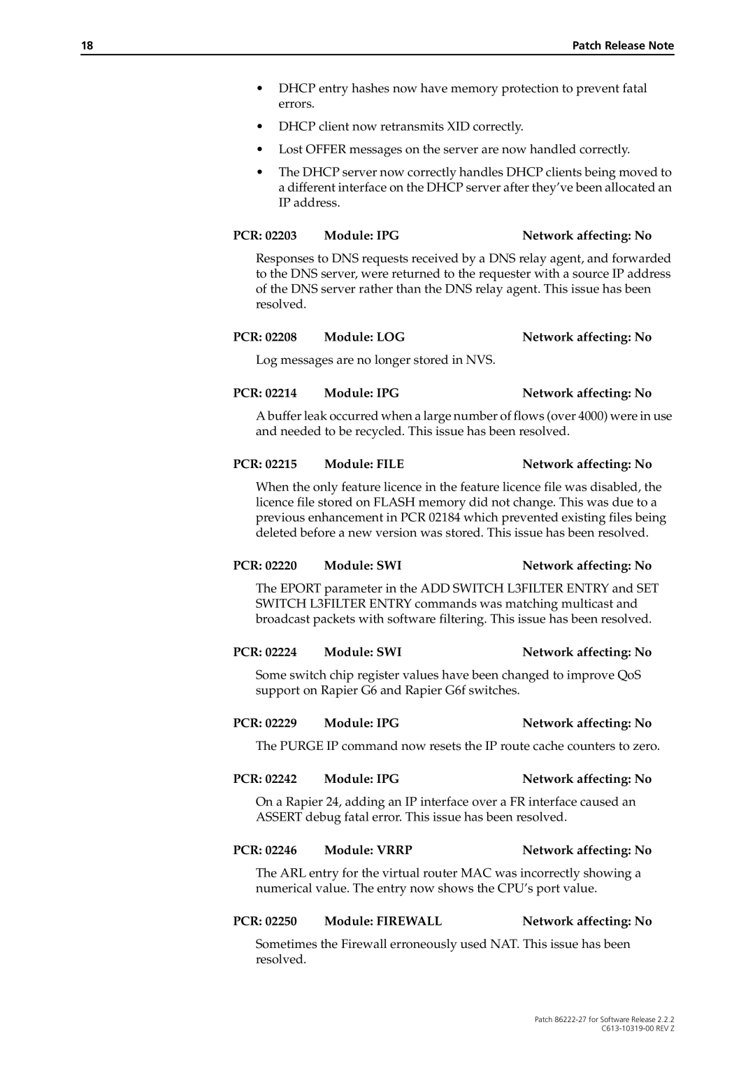 Allied Telesis 86222-27 manual PCR Module LOG Network affecting No, Log messages are no longer stored in NVS 