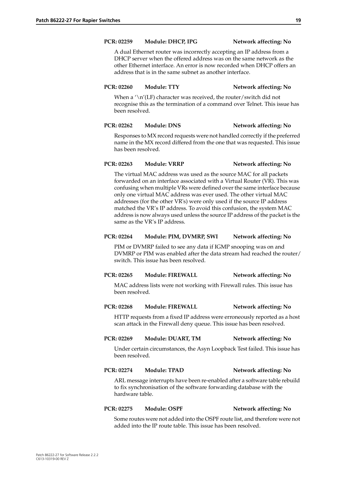 Allied Telesis 86222-27 manual PCR Module DHCP, IPG Network affecting No, PCR Module DNS Network affecting No 