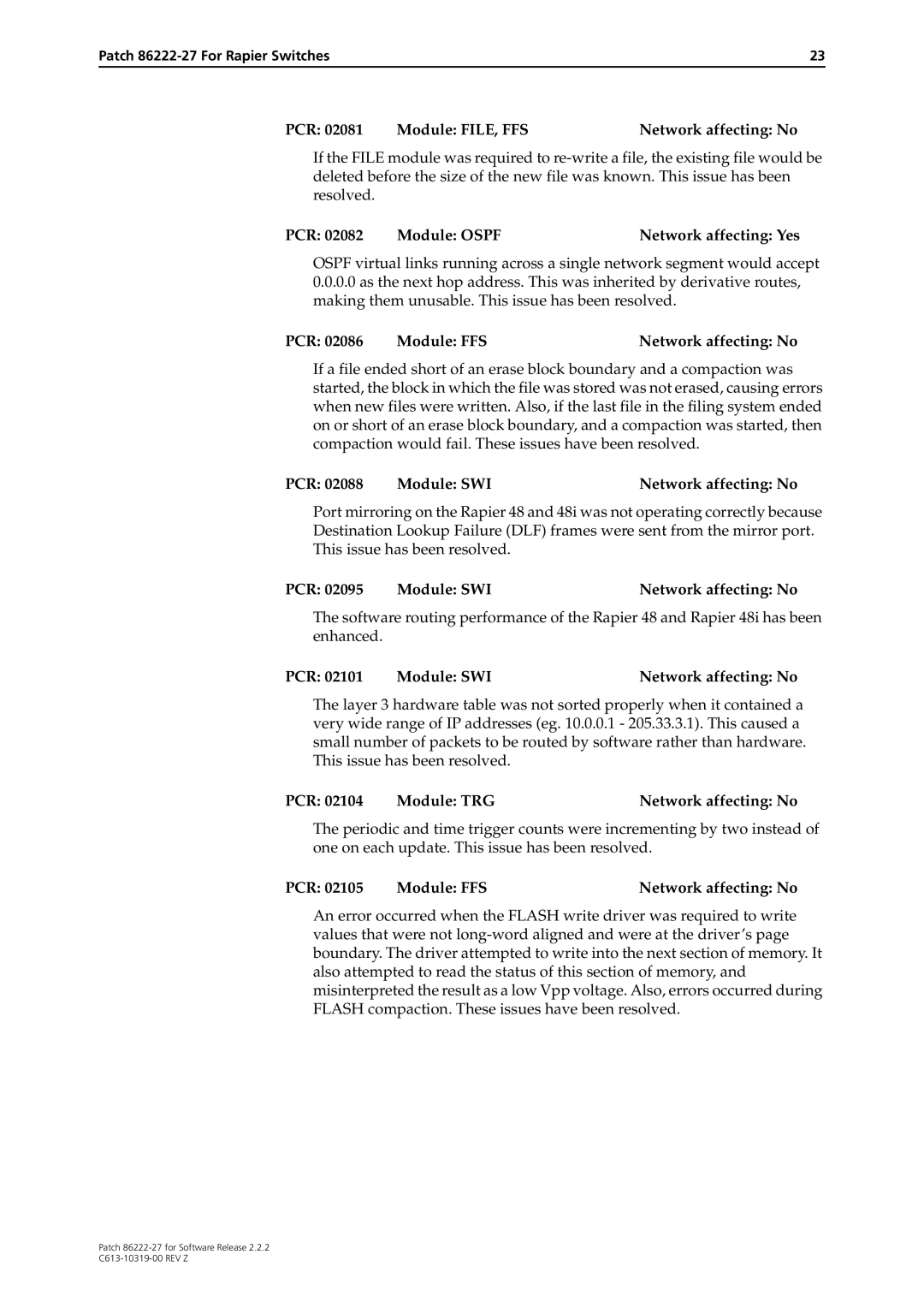 Allied Telesis 86222-27 manual PCR Module FILE, FFS Network affecting No, PCR Module Ospf Network affecting Yes 