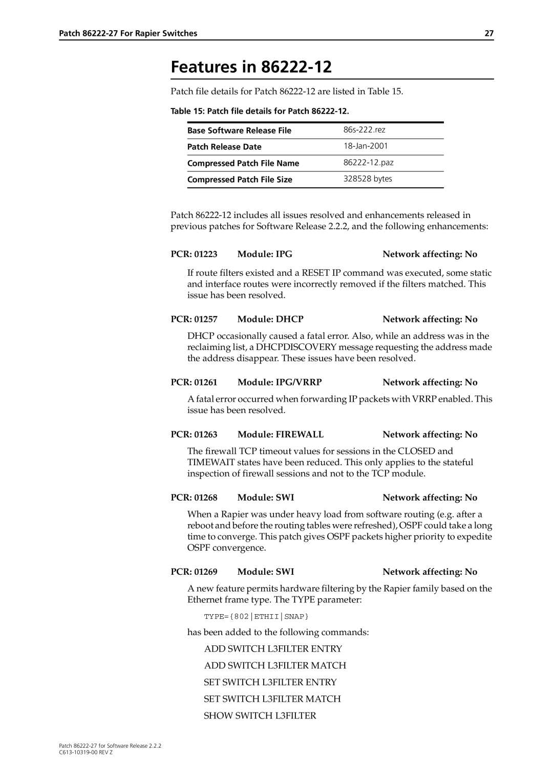 Allied Telesis 86222-27 manual Patch file details for Patch 86222-12 are listed in Table 