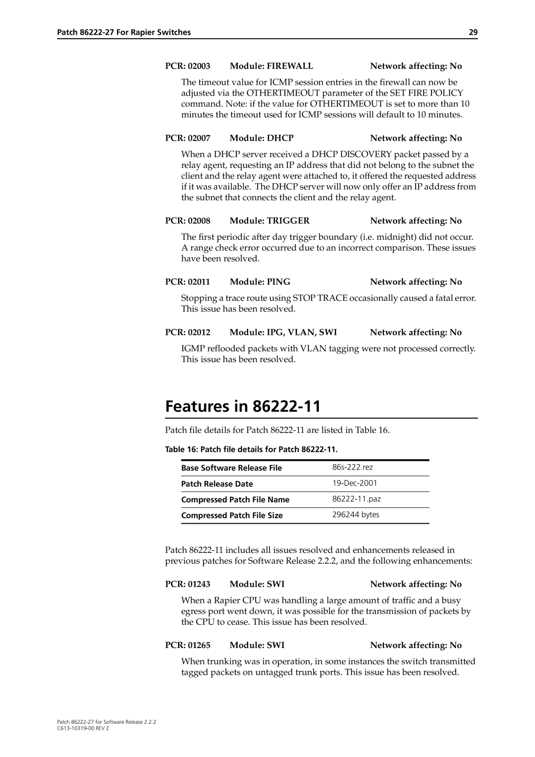 Allied Telesis 86222-27 manual PCR 02007 Module Dhcp Network affecting No, PCR Module Trigger Network affecting No 