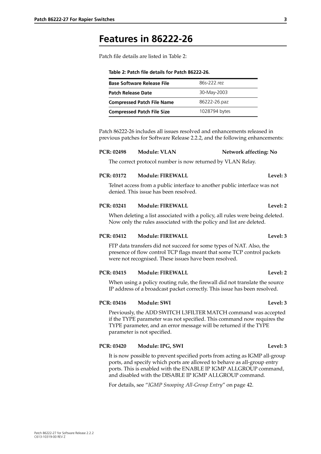 Allied Telesis 86222-27 manual PCR 02498 Module Vlan Network affecting No, PCR Module Firewall Level, PCR Module SWI Level 