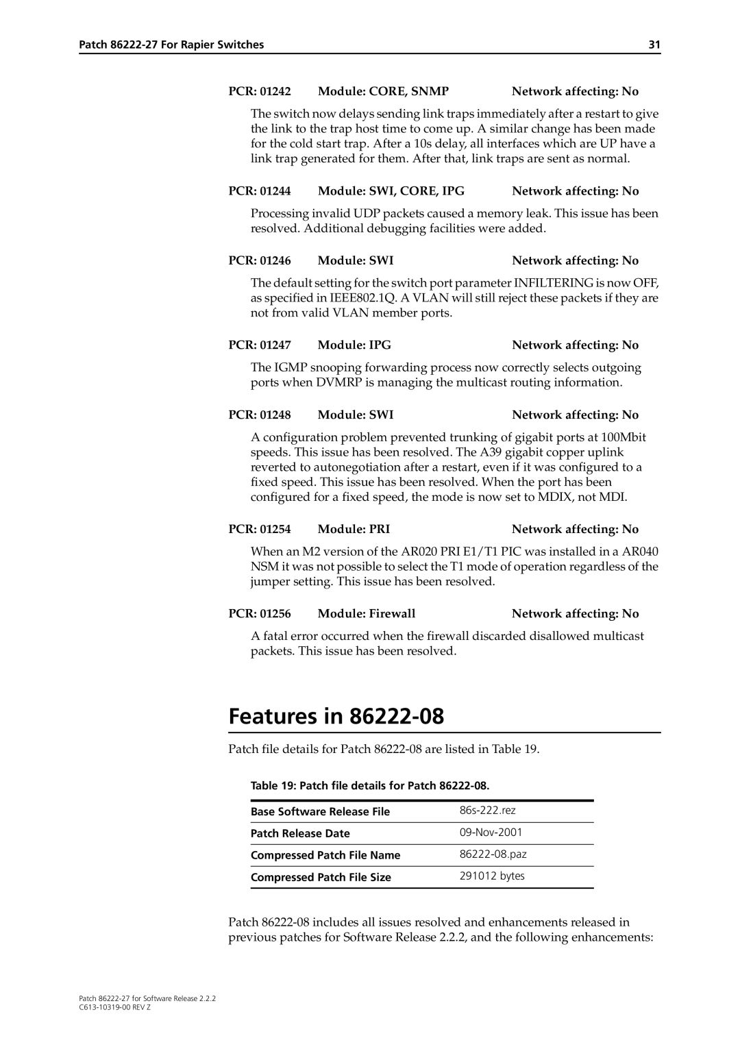 Allied Telesis 86222-27 manual PCR Module SWI, CORE, IPG Network affecting No, PCR Module PRI Network affecting No 