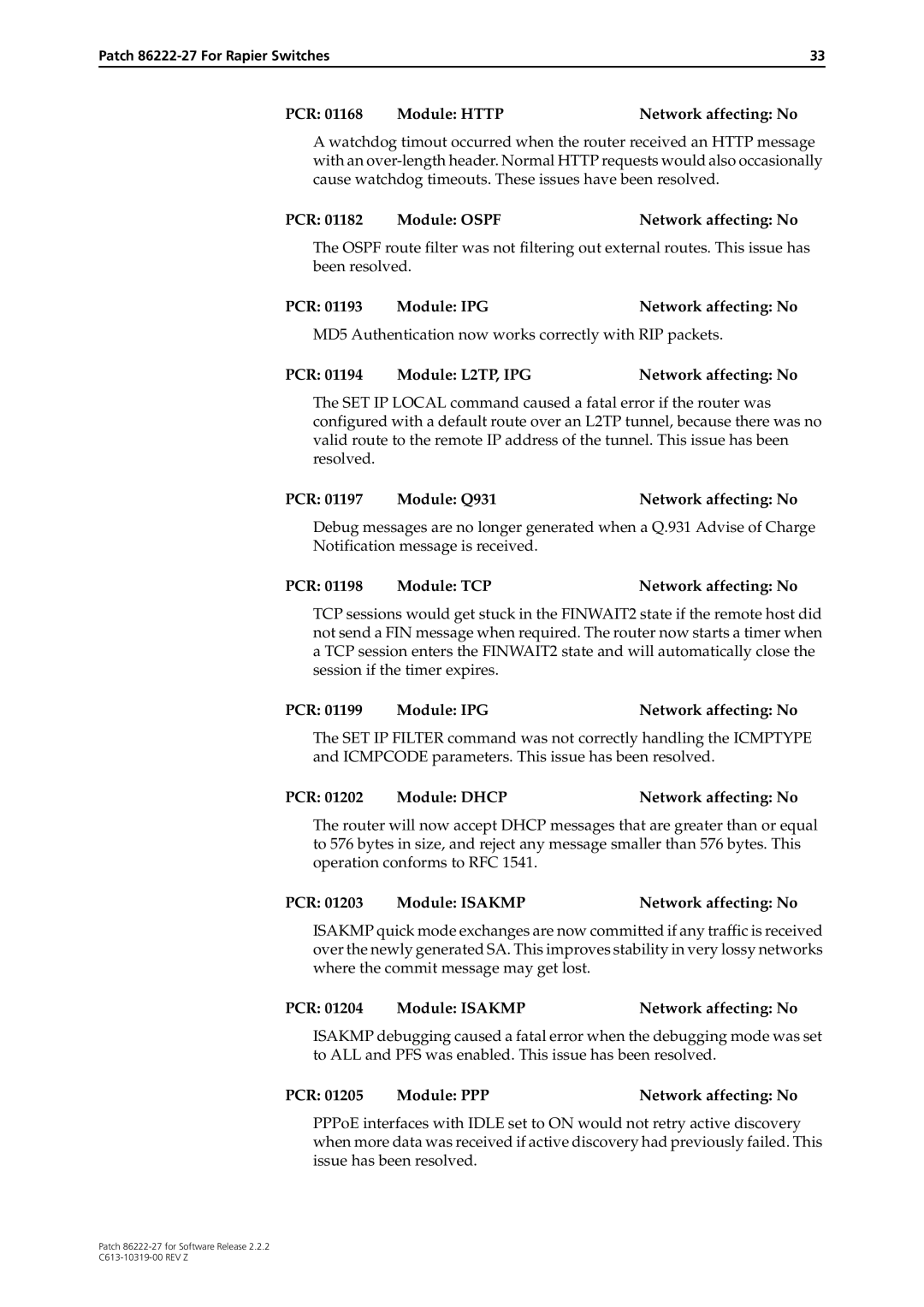 Allied Telesis 86222-27 manual PCR Module Http Network affecting No, PCR Module L2TP, IPG Network affecting No 