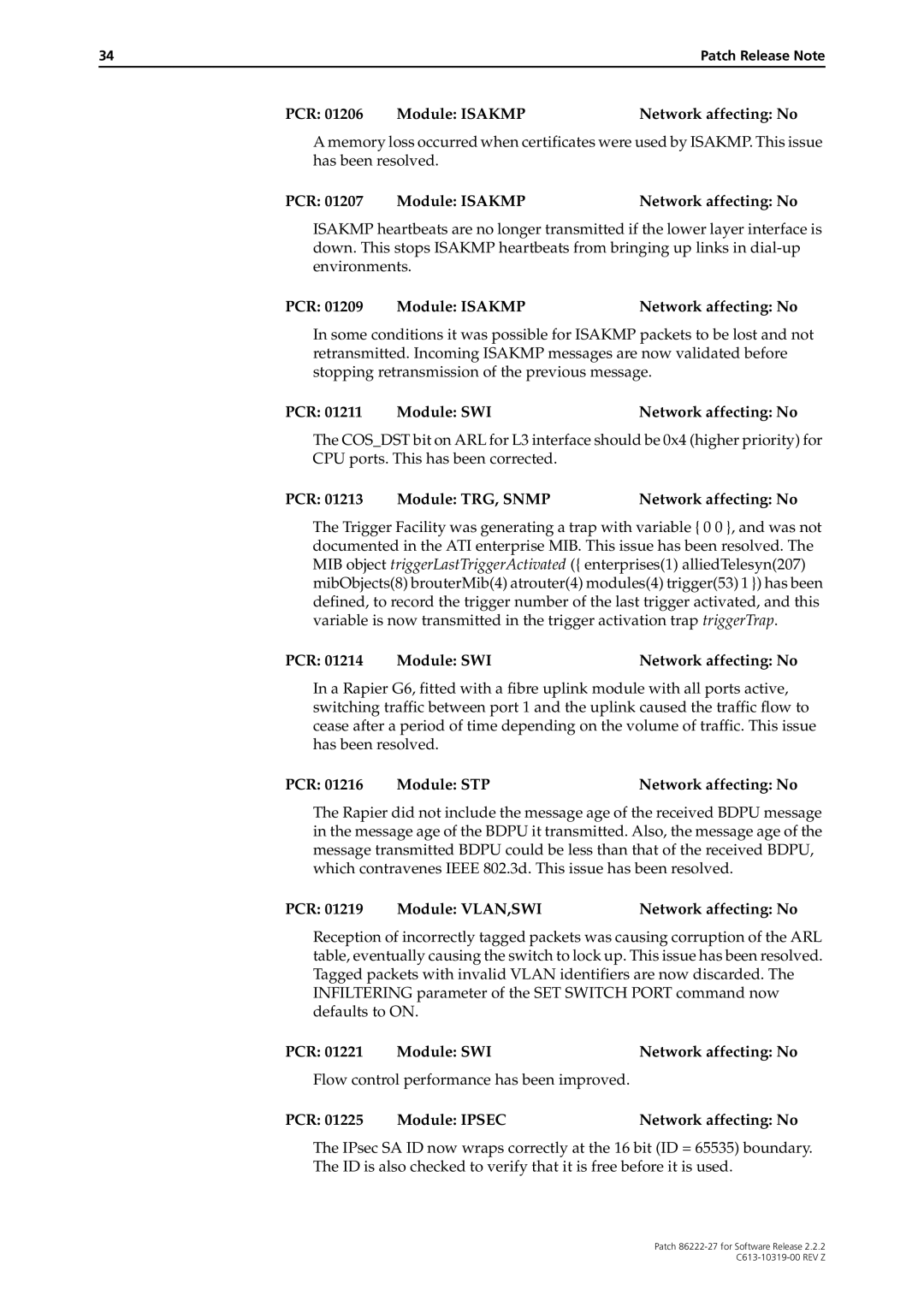 Allied Telesis 86222-27 manual PCR 01209 Module ISAKMPNetwork affecting No, PCR 01214 Module SWINetwork affecting No 