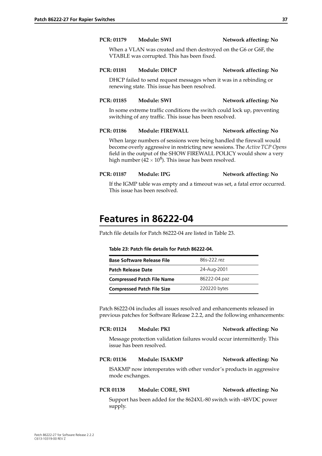 Allied Telesis 86222-27 manual PCR 01186 Module FIREWALLNetwork affecting No, PCR 01187 Module IPGNetwork affecting No 