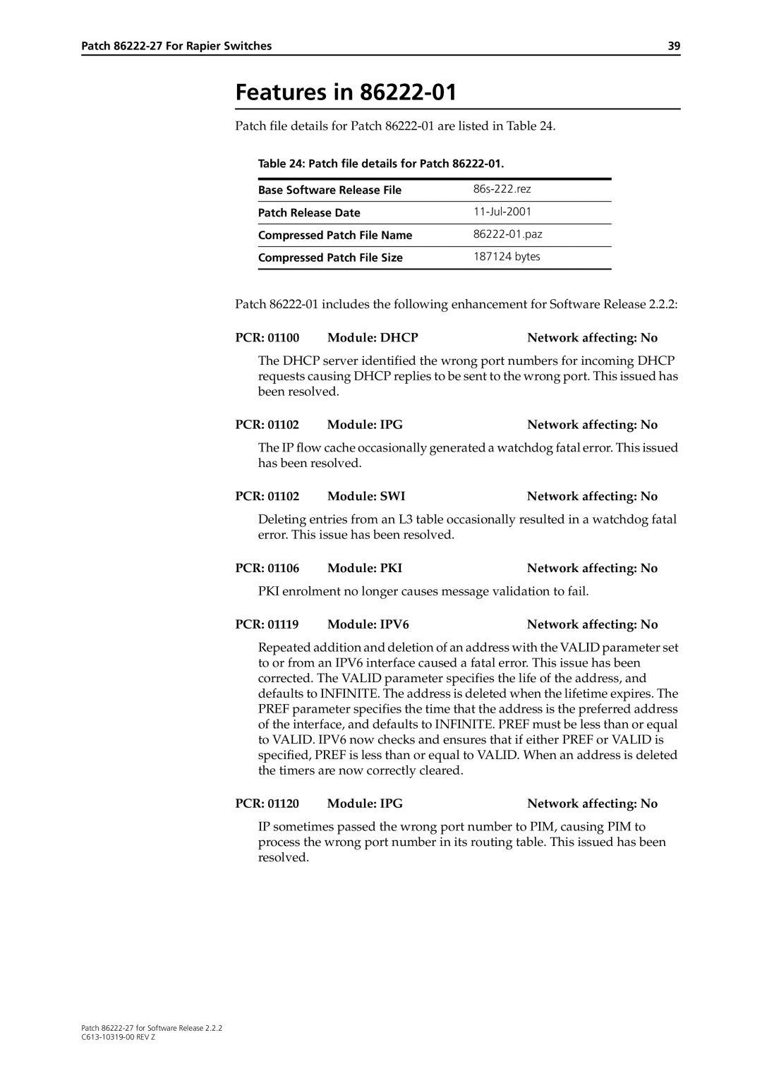 Allied Telesis 86222-27 manual Patch file details for Patch 86222-01 are listed in Table 