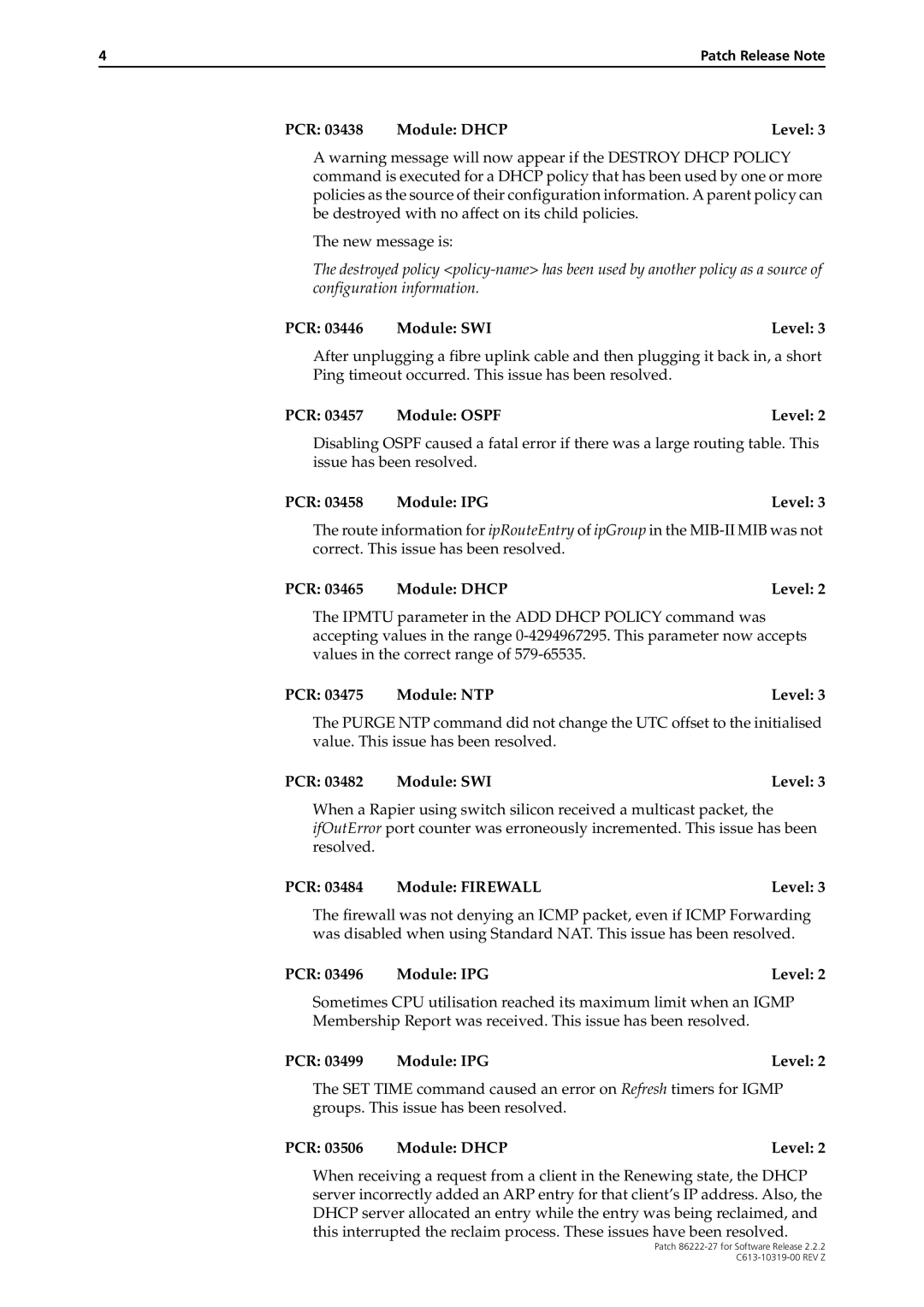 Allied Telesis 86222-27 manual PCR 03438 Module Dhcp Level, PCR Module Ospf Level, PCR 03465 Module Dhcp Level 