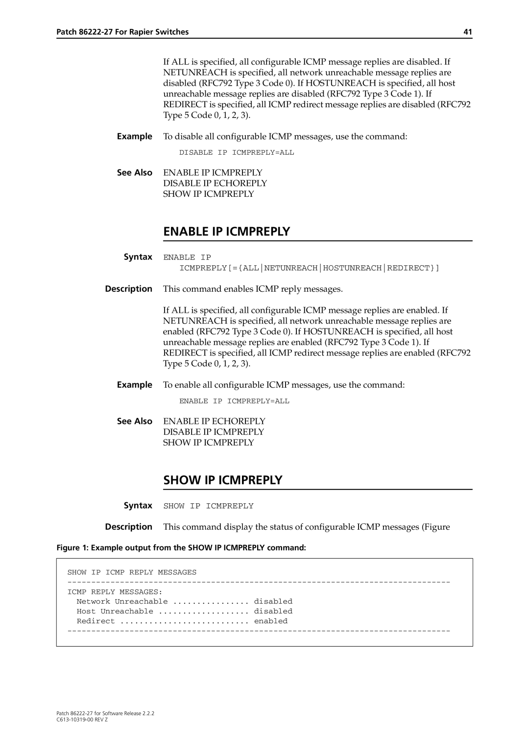 Allied Telesis 86222-27 manual See Also Enable IP Icmpreply, See Also Enable IP Echoreply 