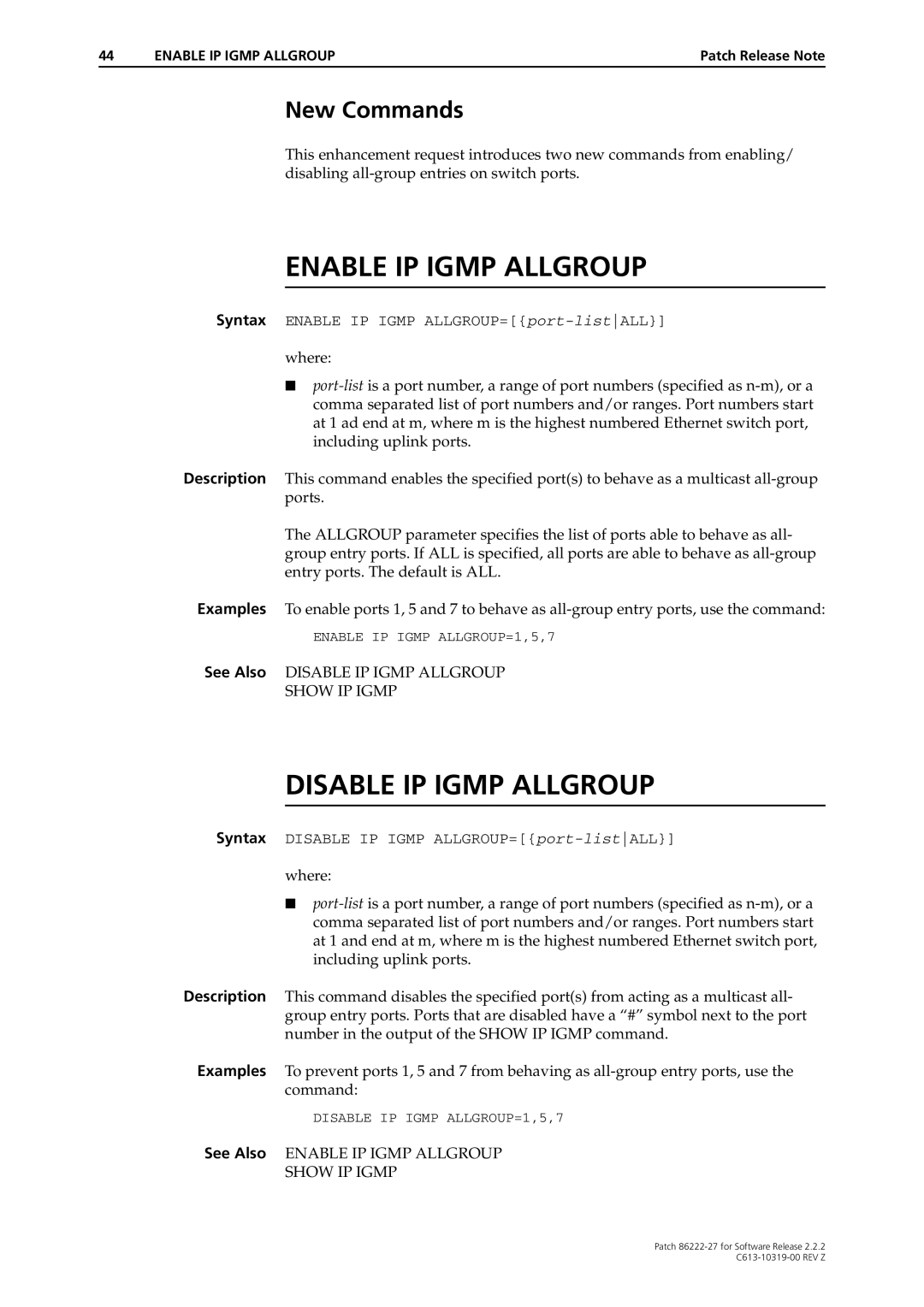 Allied Telesis 86222-27 manual New Commands, See Also Disable IP Igmp Allgroup 